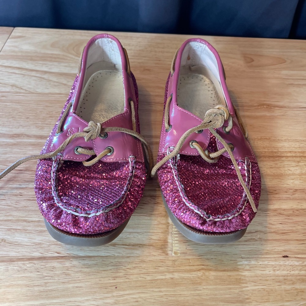 Sperry Top-Sider Womens 10M Pink Glitter Boat Shoes Sparkle Patent Trim 9826132